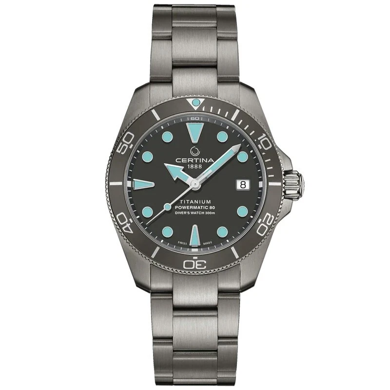 Certina DS Action Diver Powermatic 80 38mm Black Dial Titanium Bracelet Men's Swiss Diving Watch C032.807.44.081.00 C0328074408100 / C032.807.44.081.00