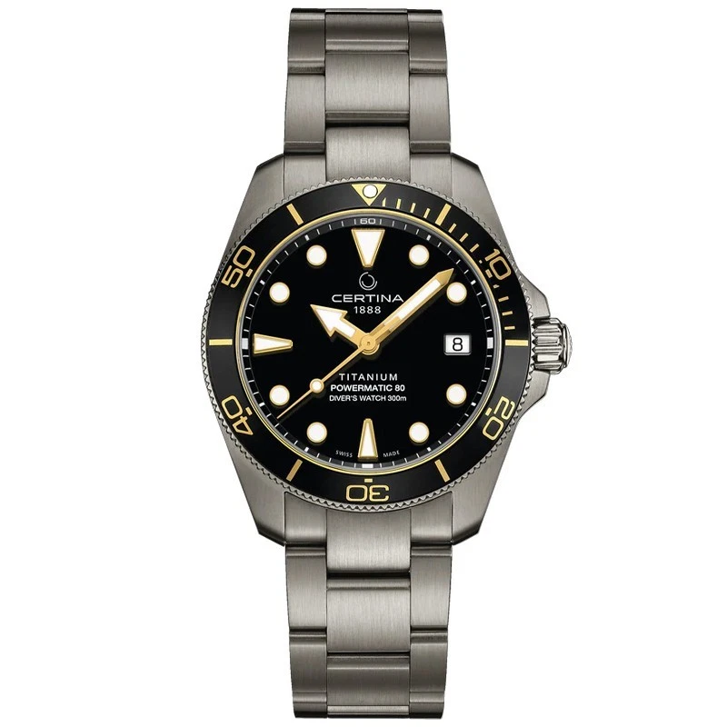 Certina DS Action Diver Powermatic 80 38mm Black Dial Gold-Tone Stainless Steel Bracelet Men's Watch C0488074405100
