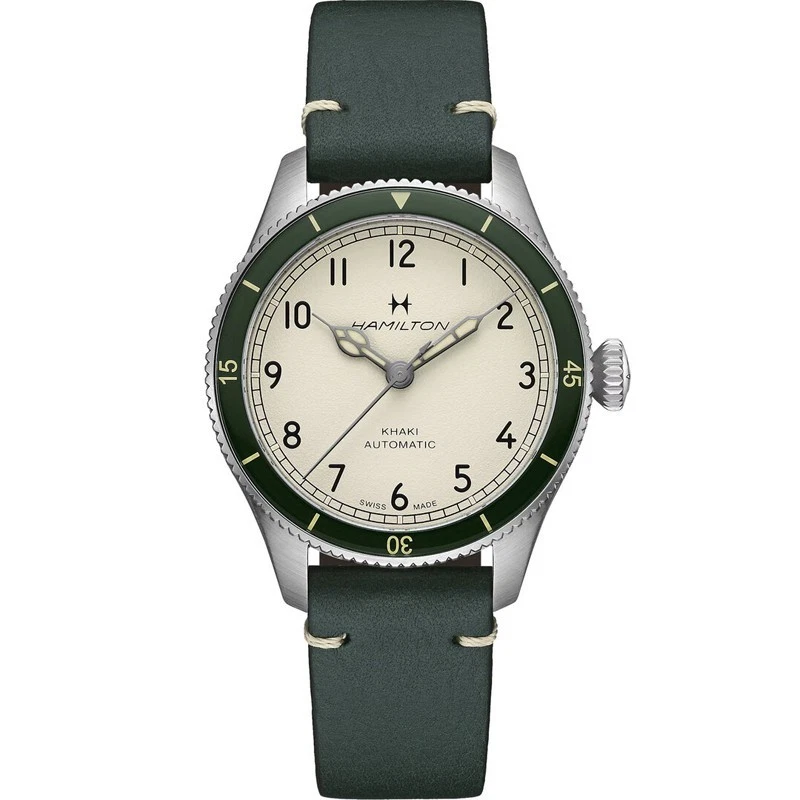 Hamilton Khaki Aviation Pilot Pioneer Auto 38mm White Dial Green Bezel H76255810