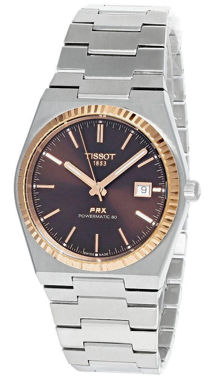 Tissot PRX Powermatic 80 Automatic 40mm Brown Dial 18K Rose Gold Bezel Steel Bracelet Men's Watch T931.407.41.291.00 T9314074129100