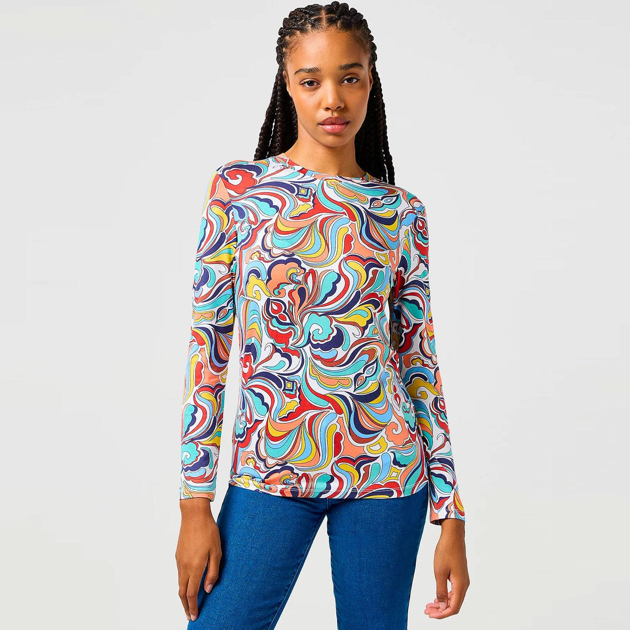 ◎ 70s White Green Psychedelic Poly Top wrangler-womens-psych-retro-