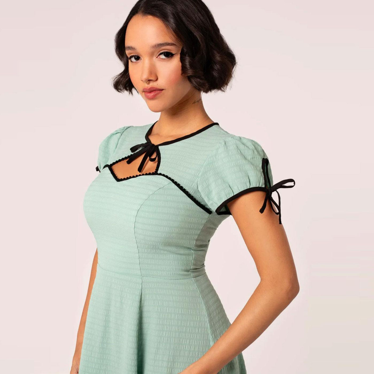 slim fit dress slacks Polkadot green linen swing dress 1950s inspired – heartmycloset main image 1