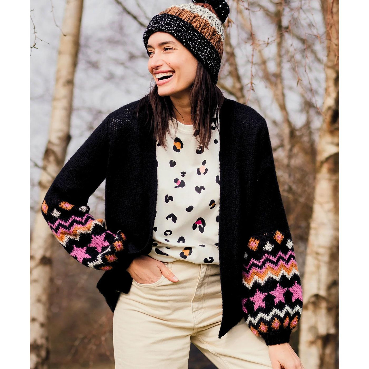 Yvette Sugarhill Fairisle Sleeve Open Cardigan B