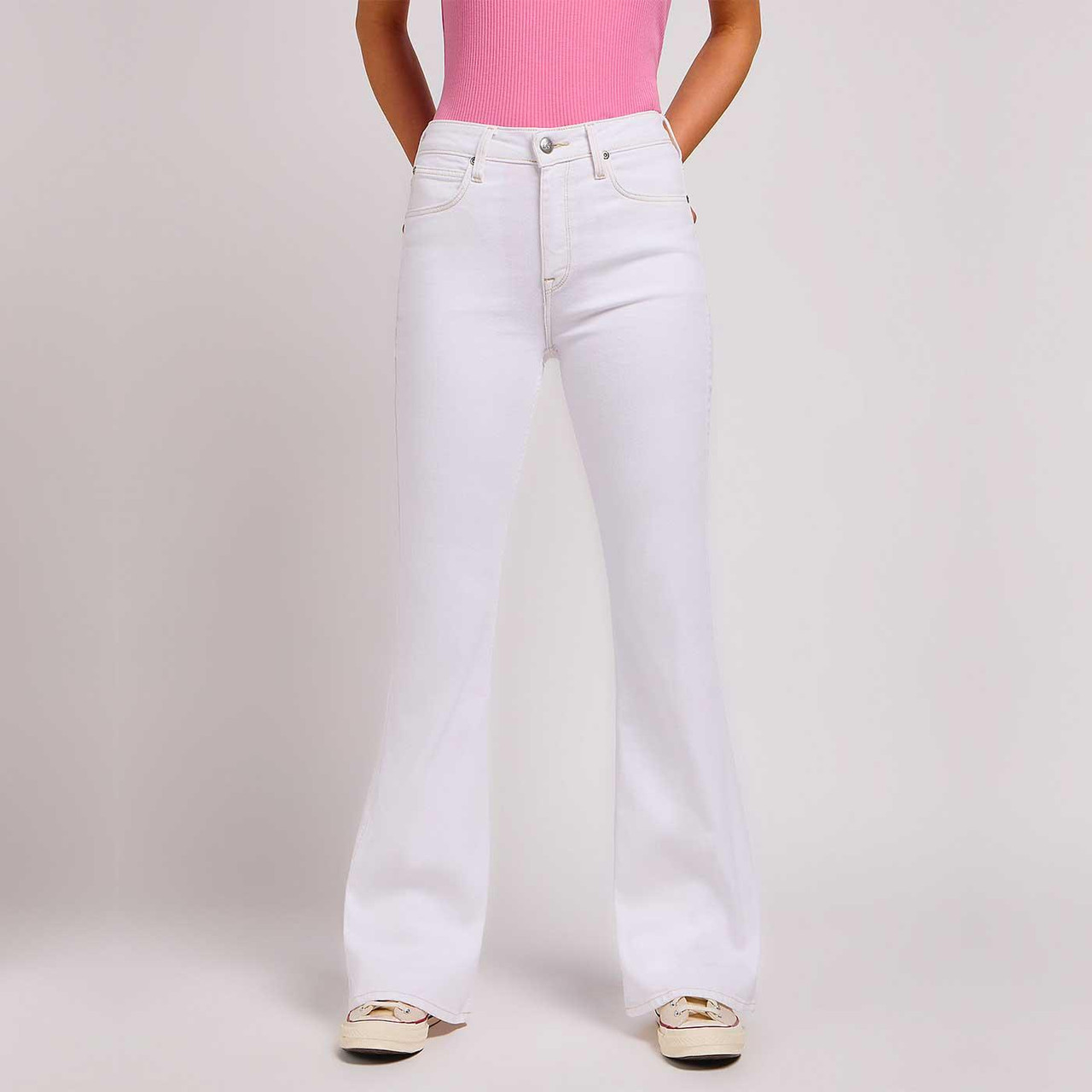 Breese Lee Retro 70s White Slim Fit Flared Jeans