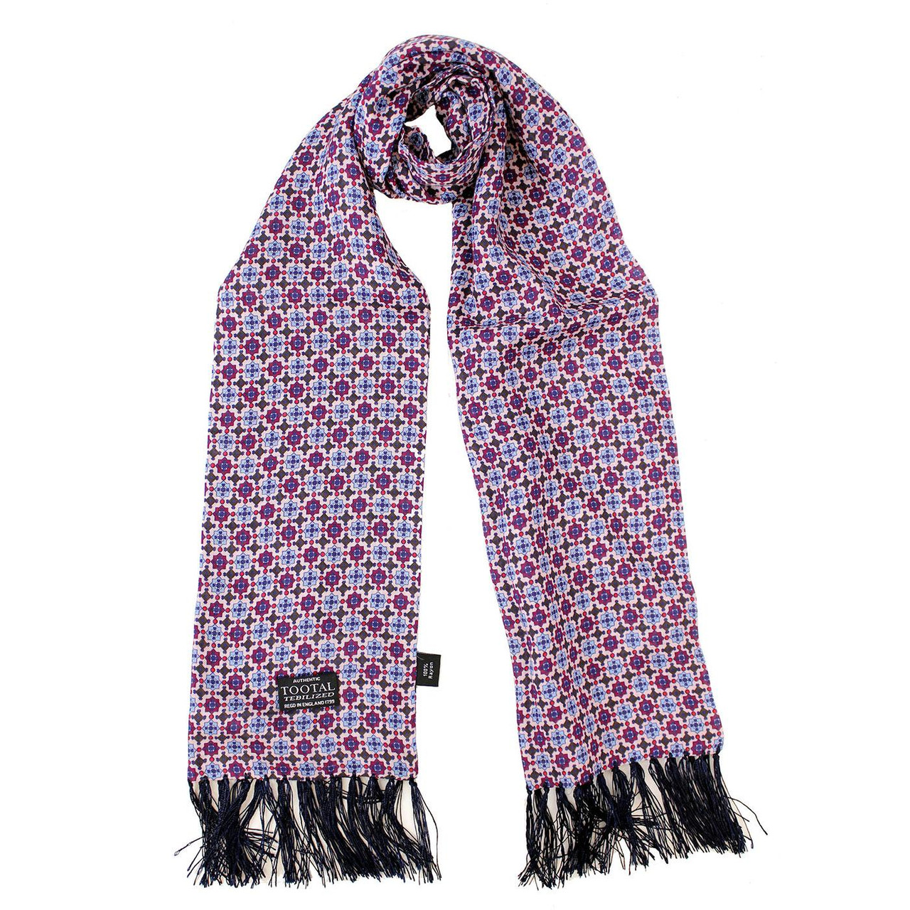 Tootal Blue & Burgundy Geo 60s Fringed Rayon Scarf
