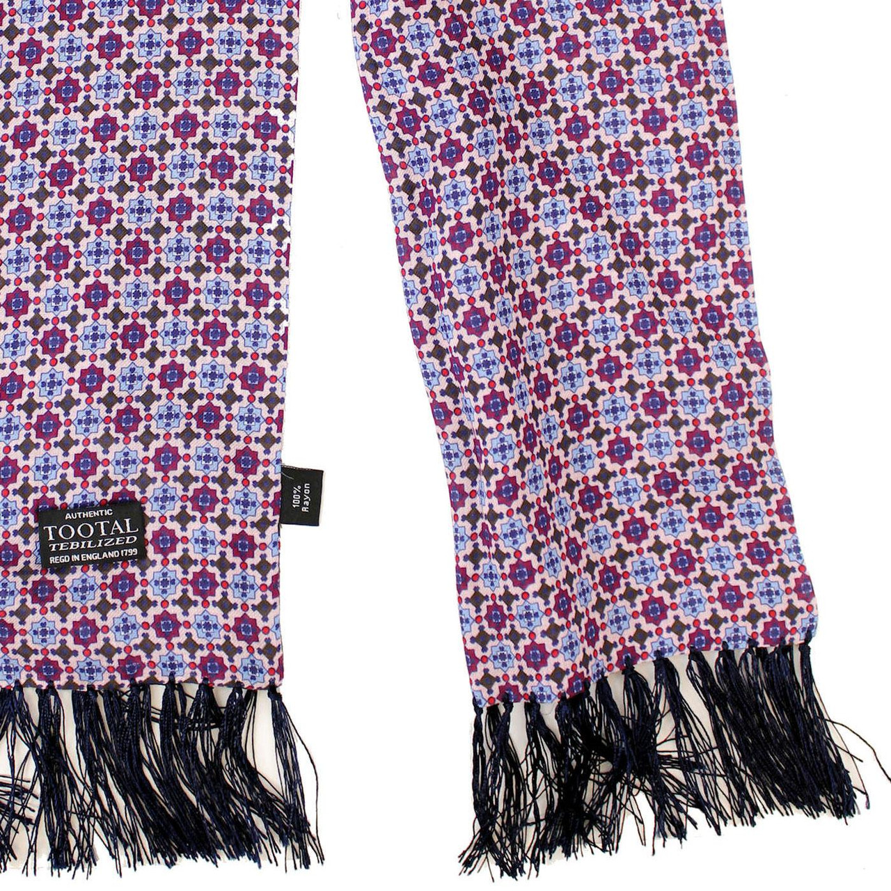 Tootal Blue & Burgundy Geo 60s Fringed Rayon Scarf