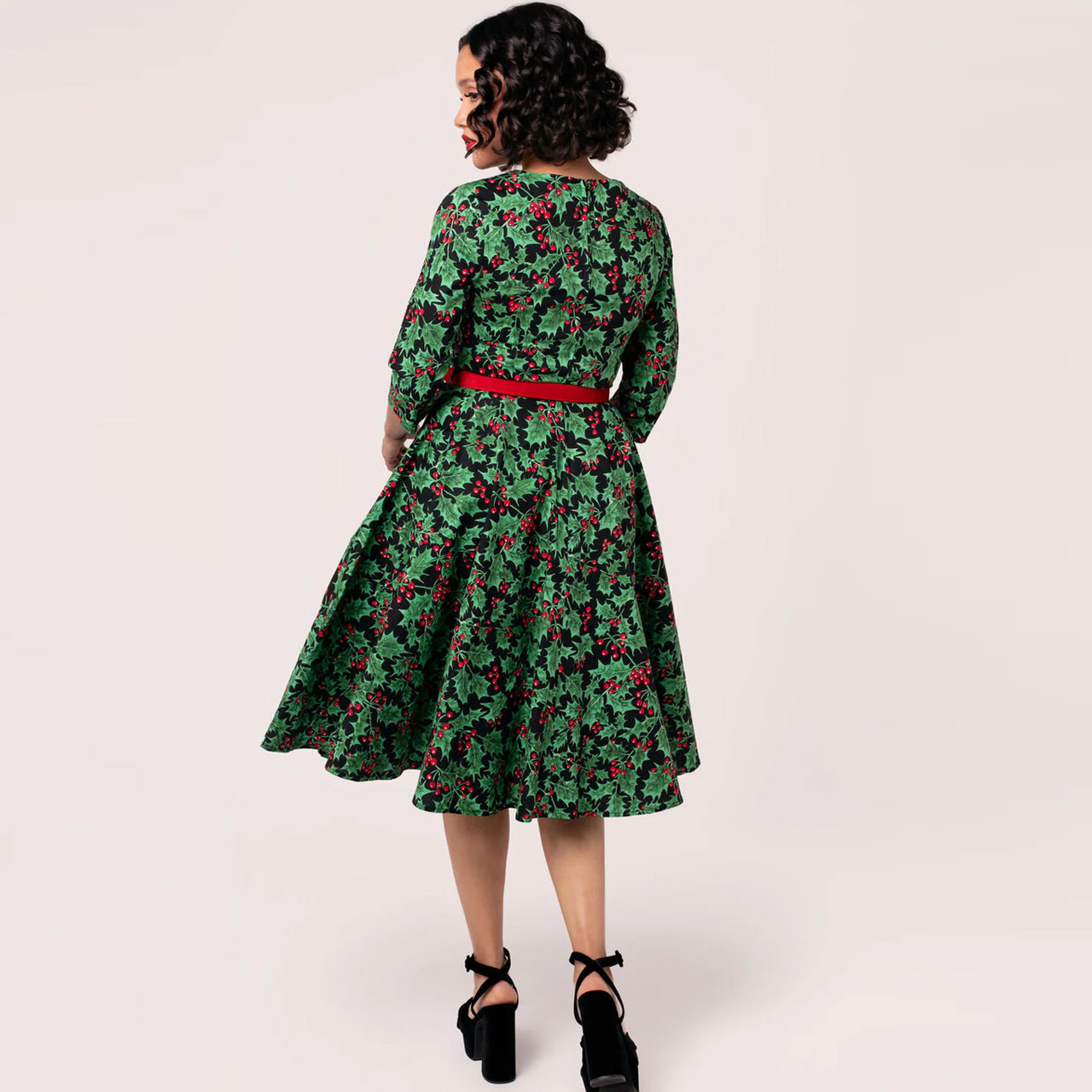 Hell Bunny Nicole 50s Christmas Holly Print Doll Dress
