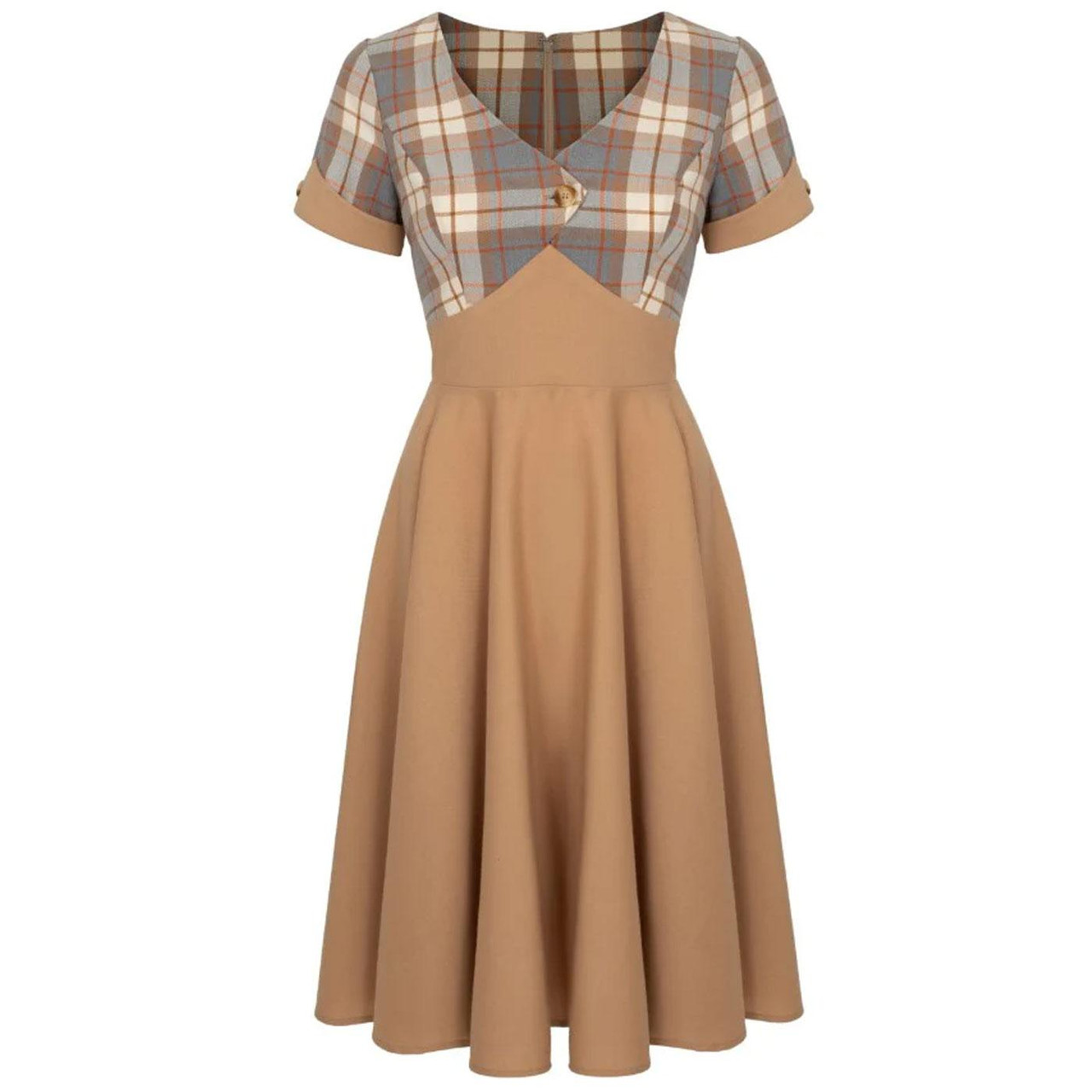 Hell Bunny Joseline 50s Beige Tartan Flared Dress Hell Bunny Joseline 50s Beige Tartan Flared Dress