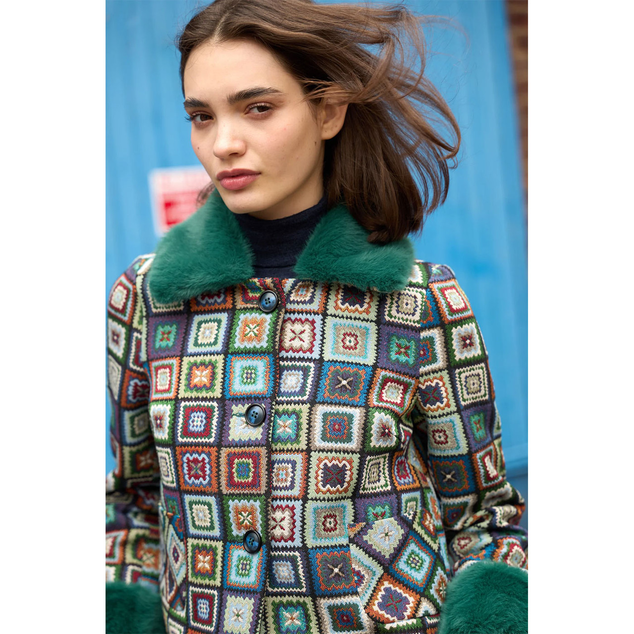 Louche Kent 70s Patch Jacquard Fur Trimmed Jacket