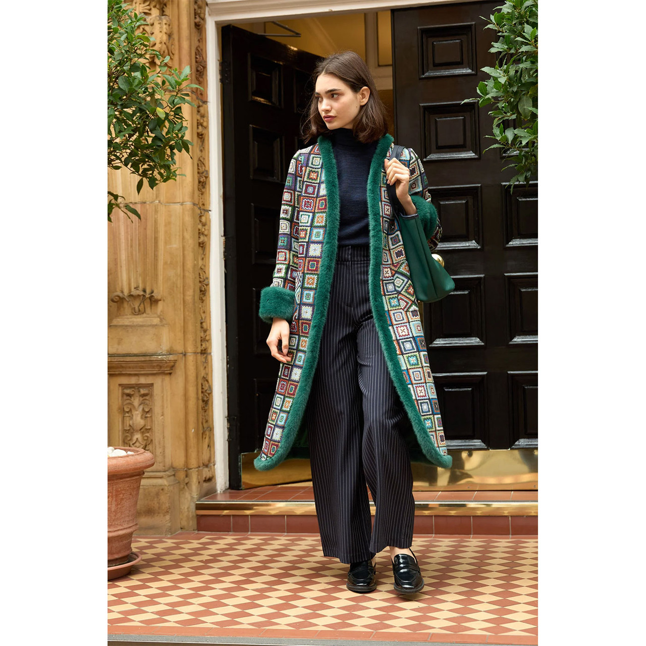 Louche Delphia 70s Patch Jacquard Fur Trim Coat