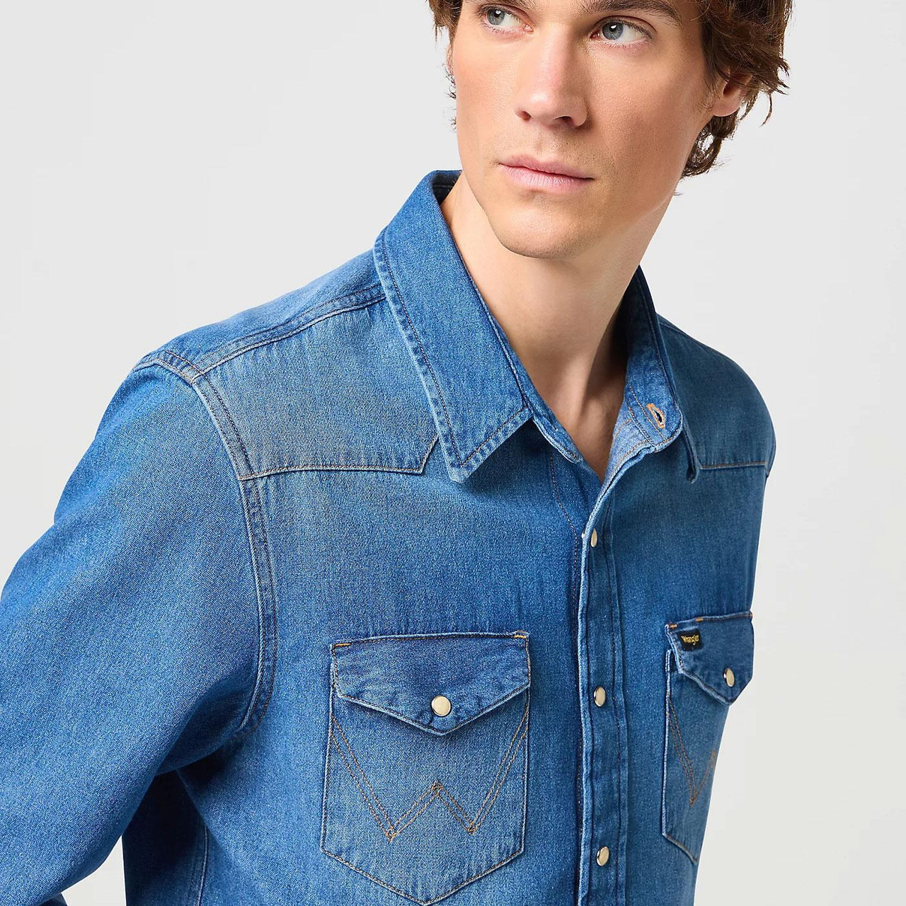 Wrangler Icons 27MW Western Denim Shirt Mid Stone