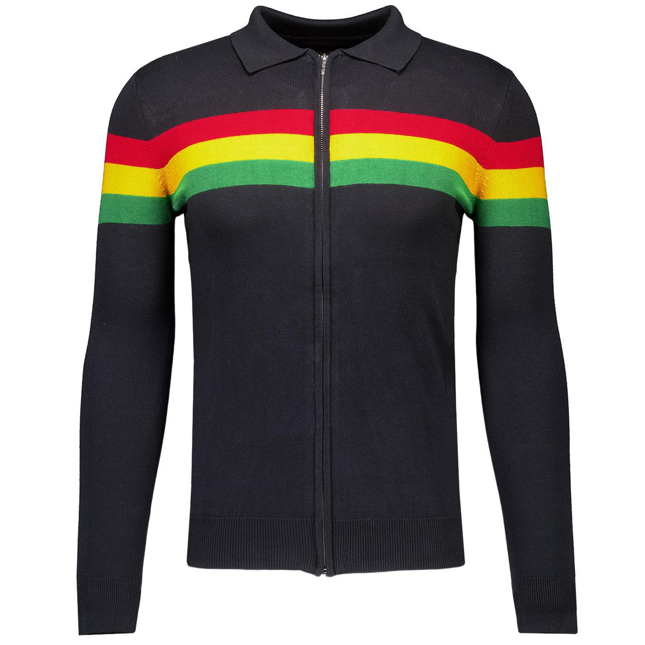 Trojan Retro 70s Rasta Stripe Zip Fasten Yardi Cardi in Black