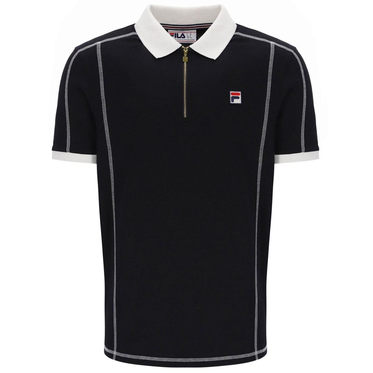 Leo Fila Vintage Flat Lock Detail Mod Zip Neck Polo Top