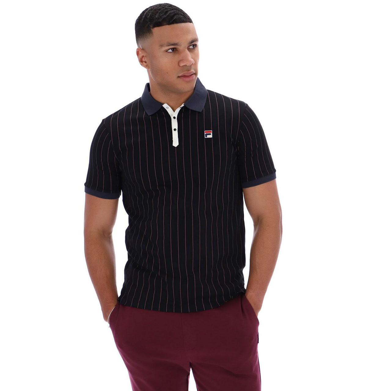 BB1 Fila Vintage 70s Pin-Stripe Borg Polo in Black/Fig