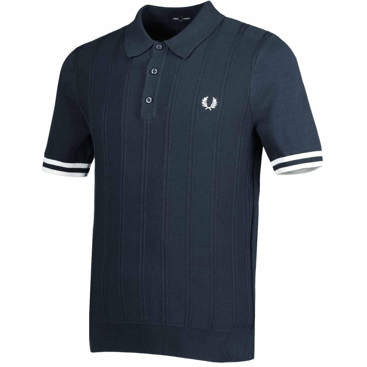 Fred Perry Textured Tipped Rib Knit Mod Polo Shirt in Navy FRED PERRY Ribbed Knitted Polo Shirt