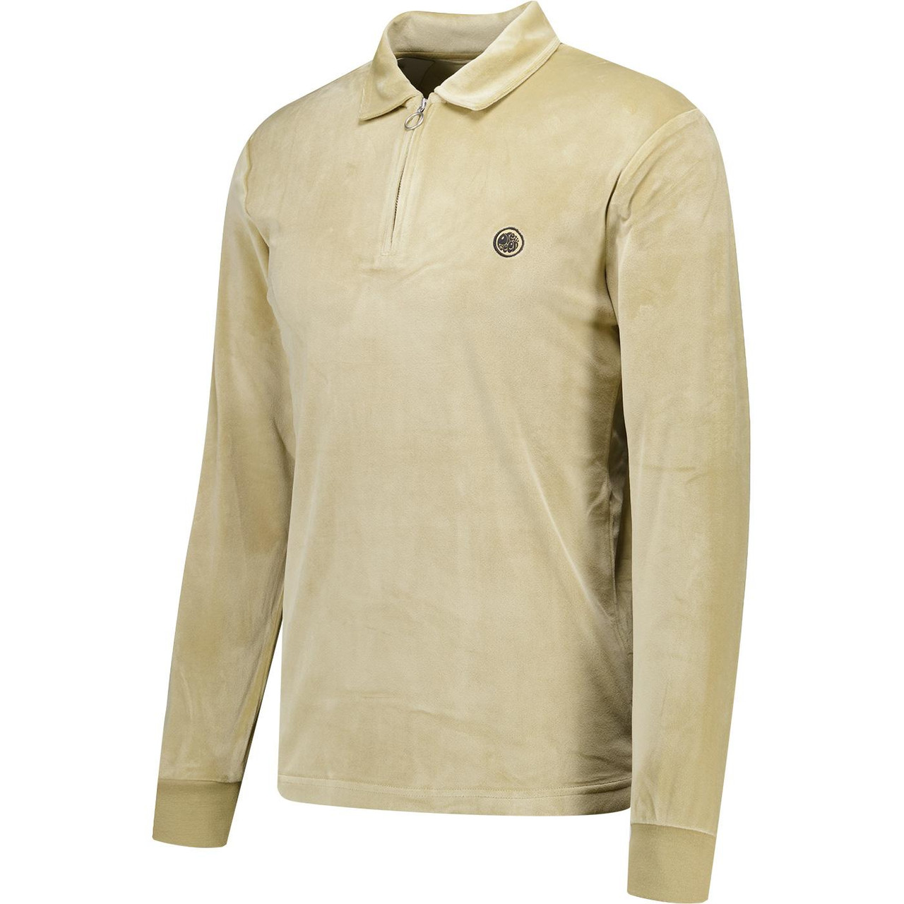 Pretty Green Kennedy 80s Velour Polo Sweater in Taupe