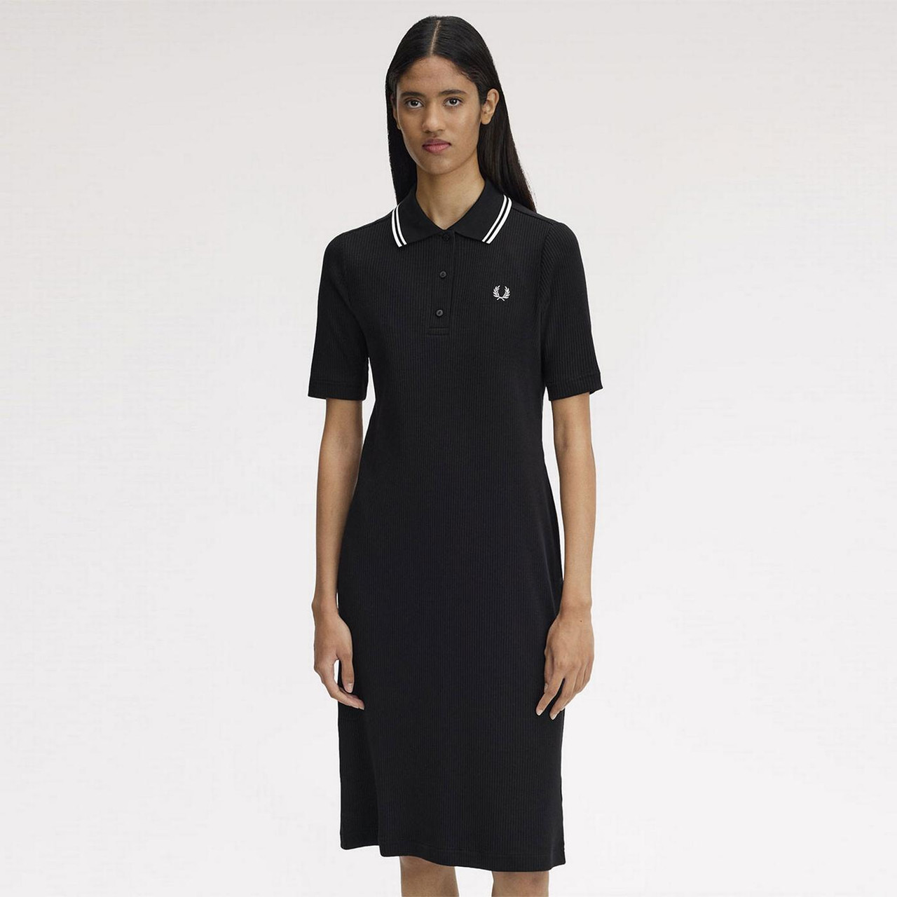 Fred Perry Mod Twin Tipped Ribbed Polo Dress in Black with White