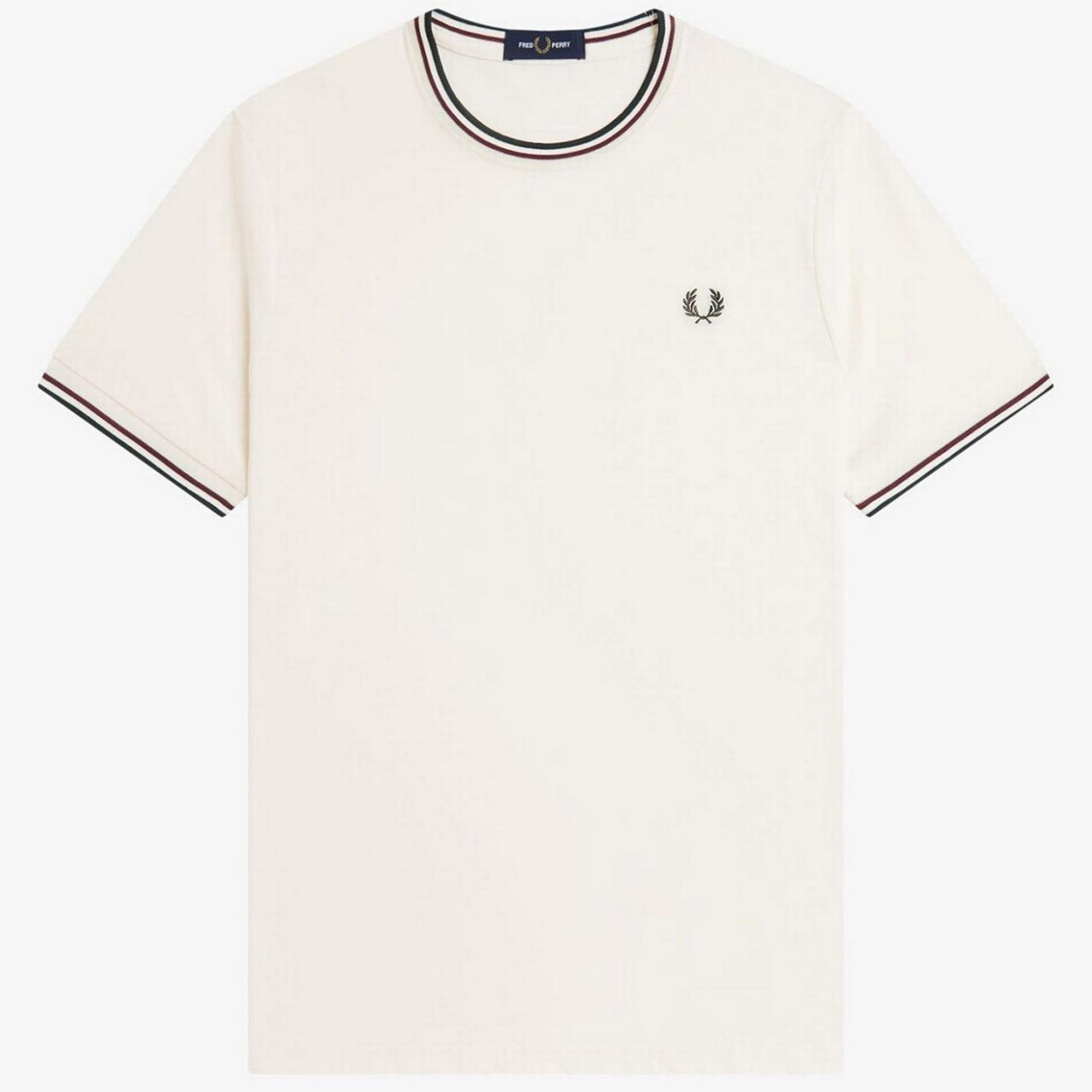 Fred Perry M1588 Twin Tipped Mod T-Shirt in Ecru/Oxblood/Grassroots