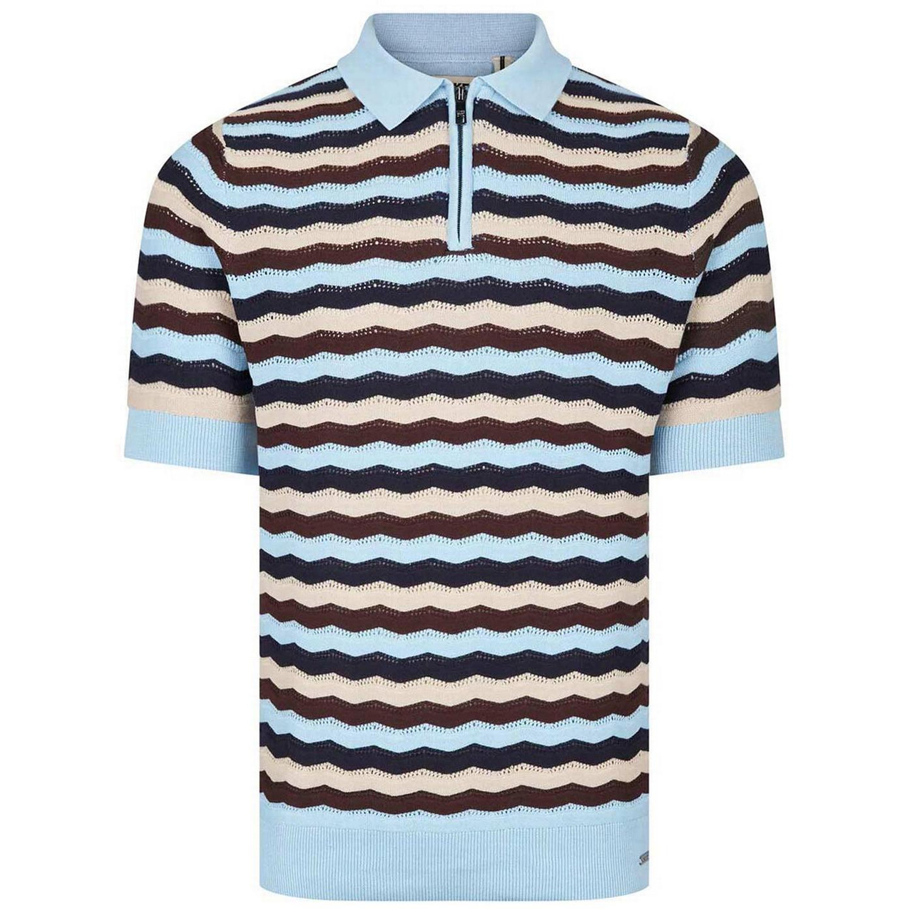 トップス 70s mcgregor design knit polo sullen Luke 1977 Maughold Zig-Zag Pointelle Knit Retro Polo Top in Sky Blue
