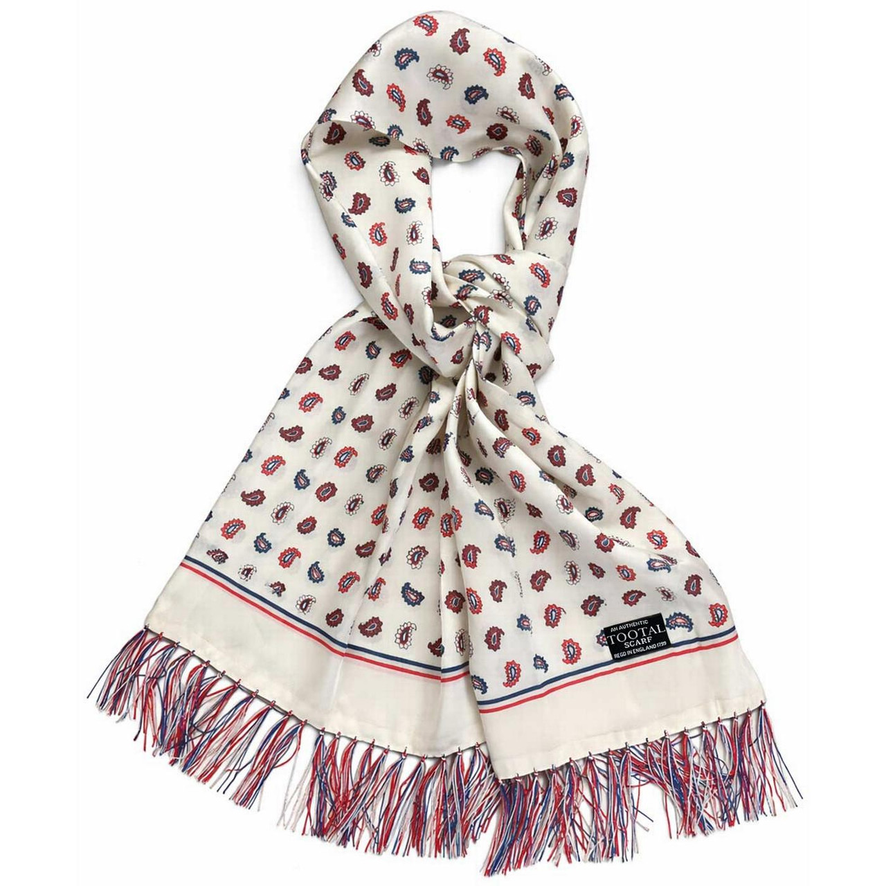 Tootal Paisley Retro 60s Border Silk Scarf in Ecru