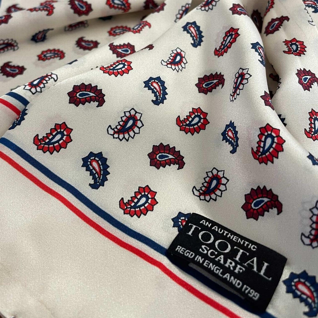 Tootal Paisley Retro 60s Border Silk Scarf in Ecru