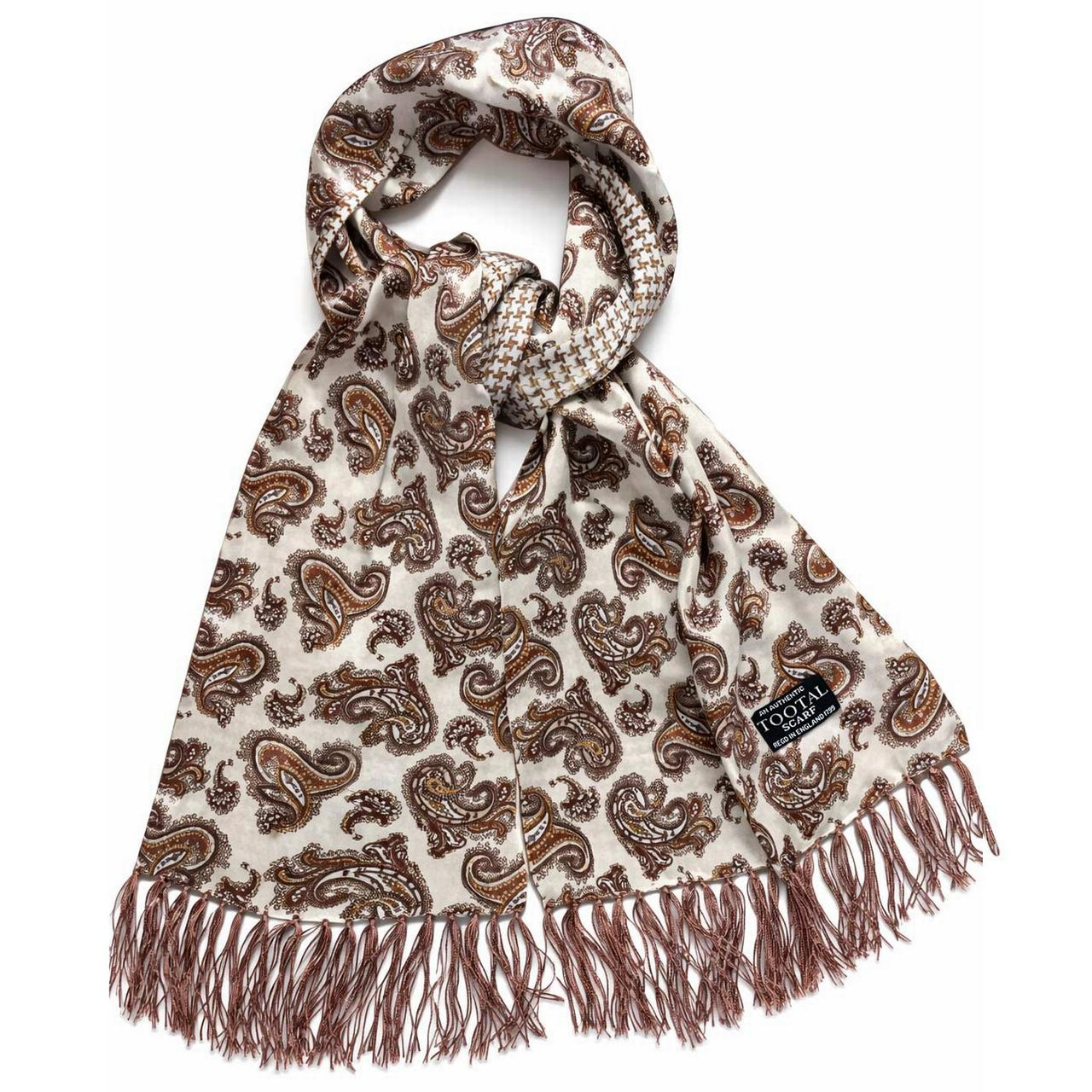 Tootal Two Sided Paisley Houndstooth Silk Scarf in Mocha