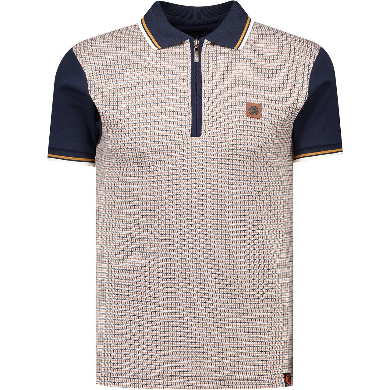 Trojan Mini Houndstooth Zip Neck Polo Shirt in Navy