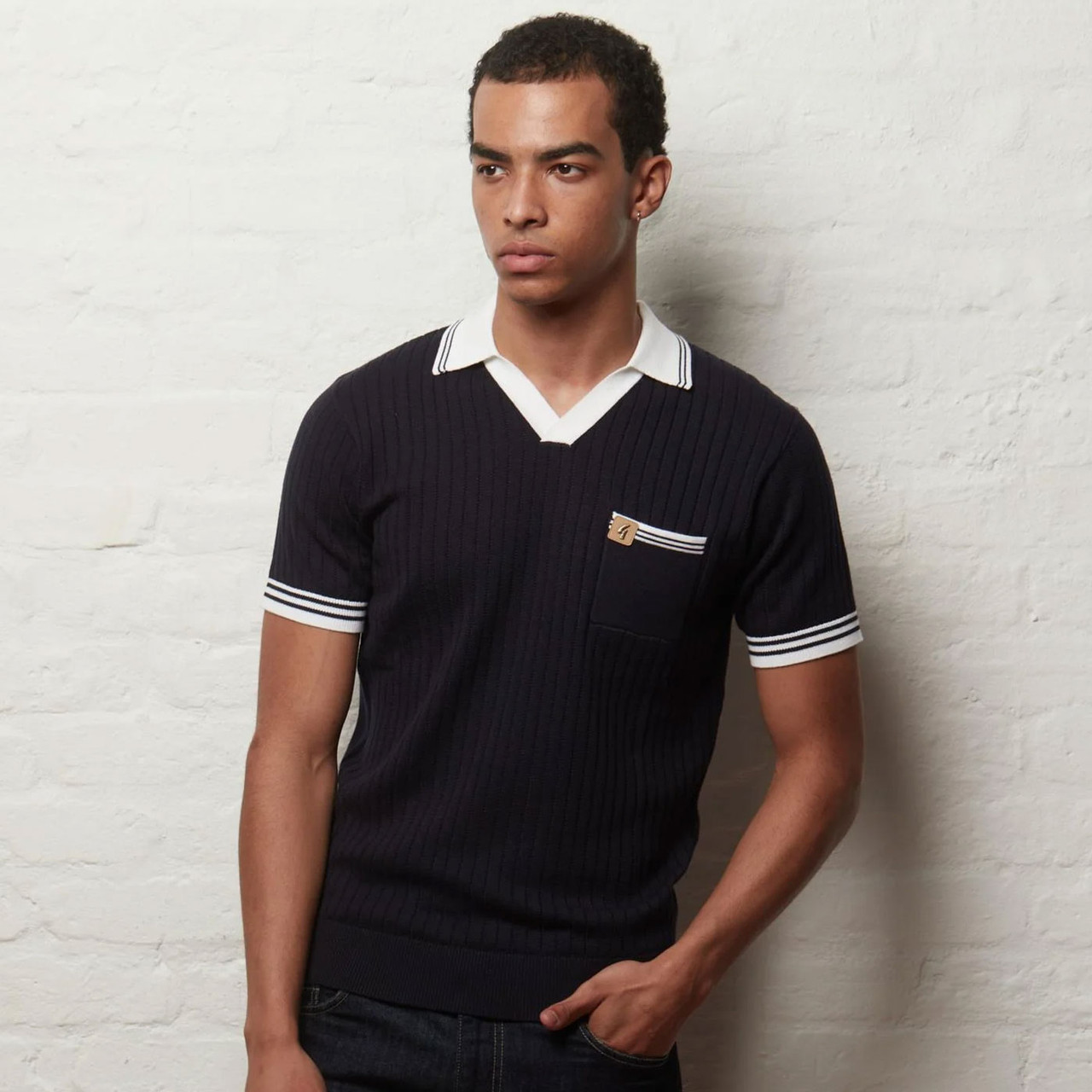Gabicci Vintage Portobello Skipper Neck Knit Polo in Navy