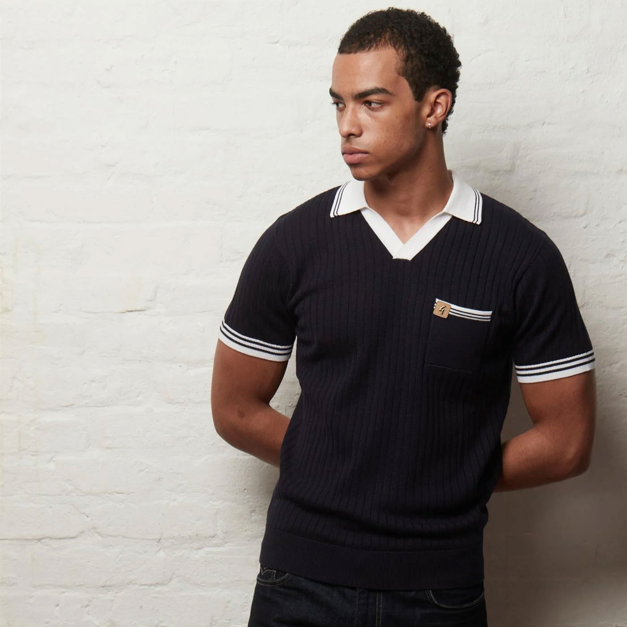 Gabicci Vintage Portobello Skipper Neck Knit Polo in Navy