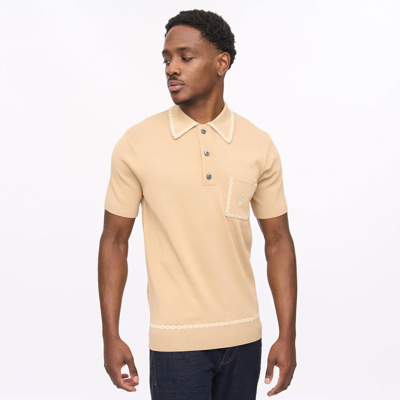 Gabicci Vintage Alexander Archive Checker Tipping Polo in Sandstone