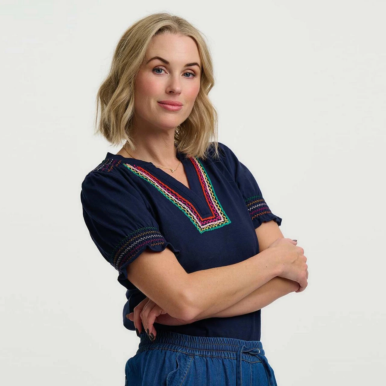 Sugarhill Luella Retro Zig Zags V-neck Jersey Top in Navy