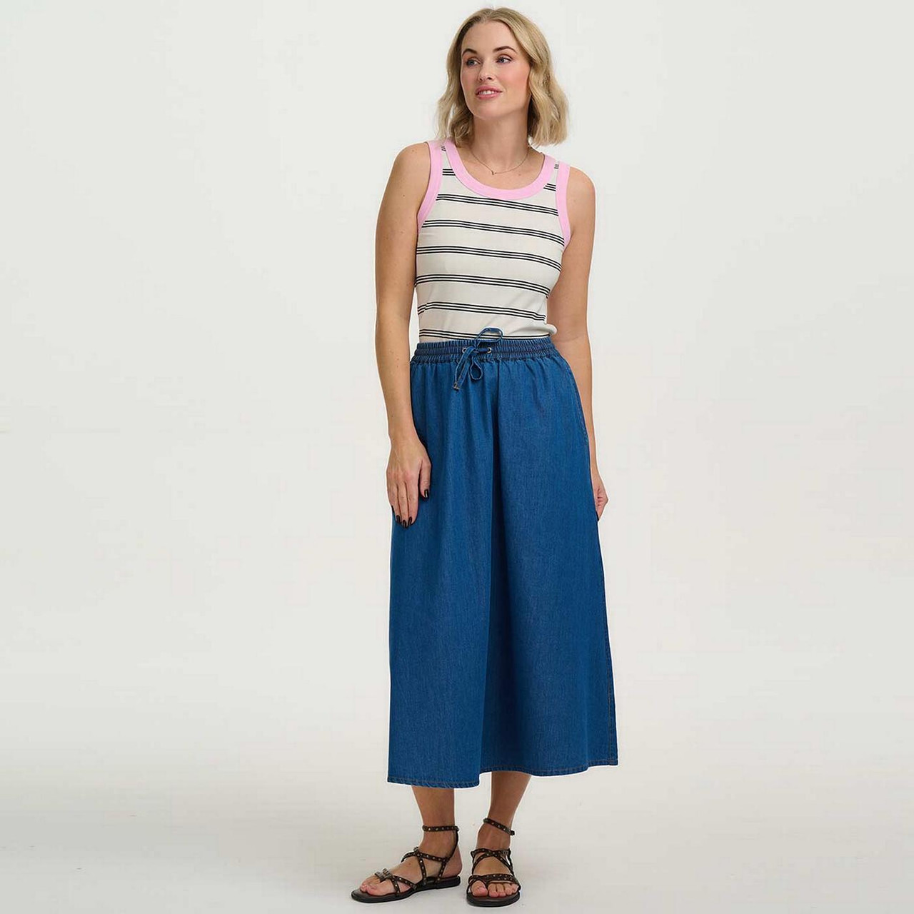 Sugarhill Tori Striped Retro 70s Tank Top Vest in Off White/Pink