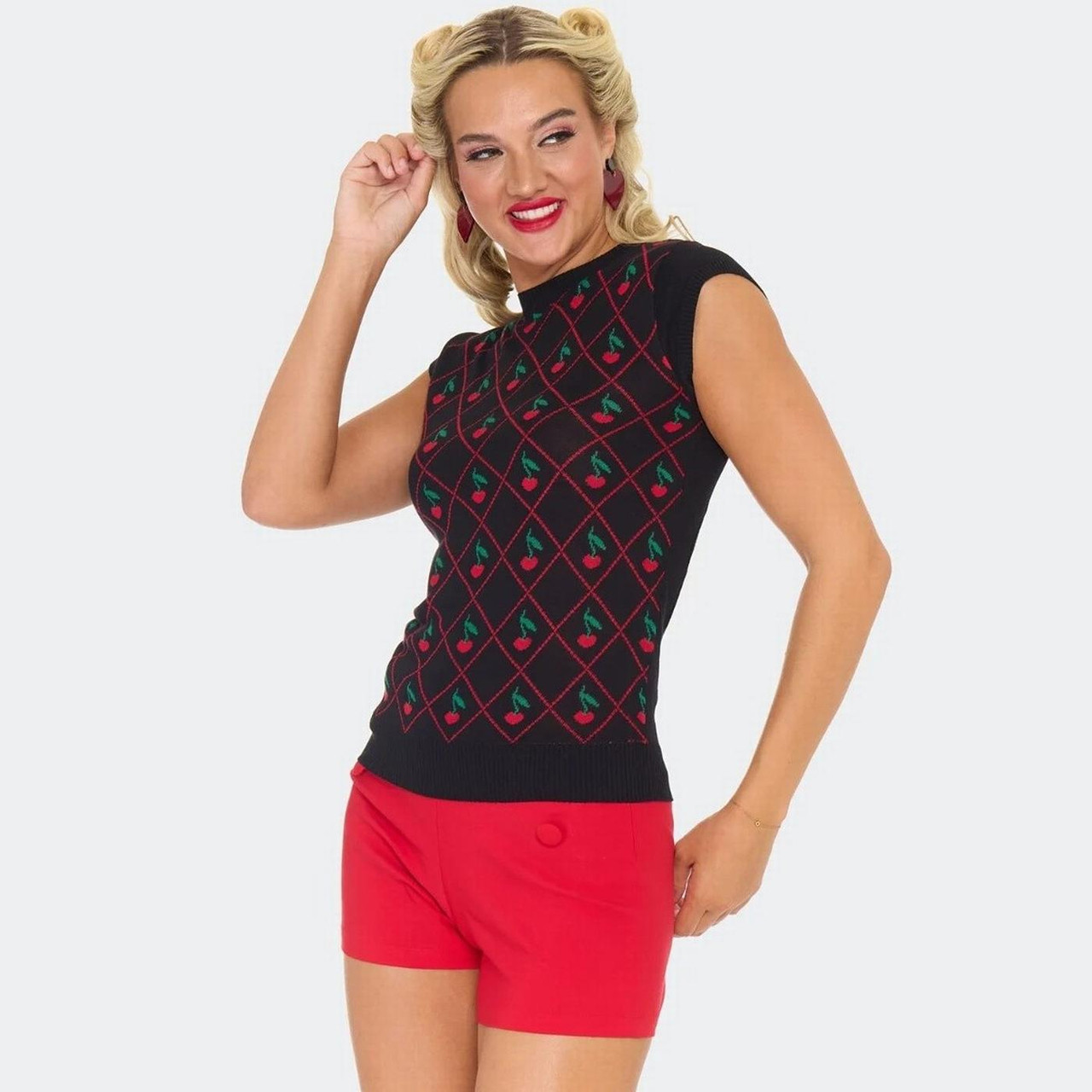 Voodoo Vixen Retro 50s Cherry Knitted Top in Black