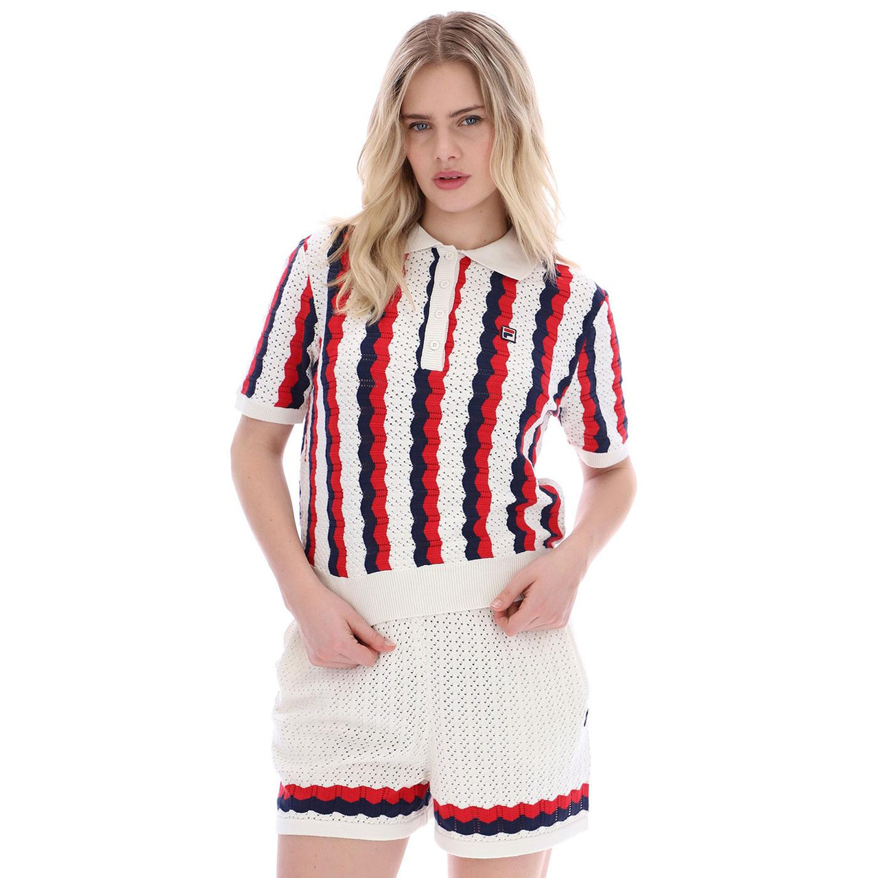 Fila Vintage Porto Crochet Knit Striped Polo Top in Gardenia/Navy/Red