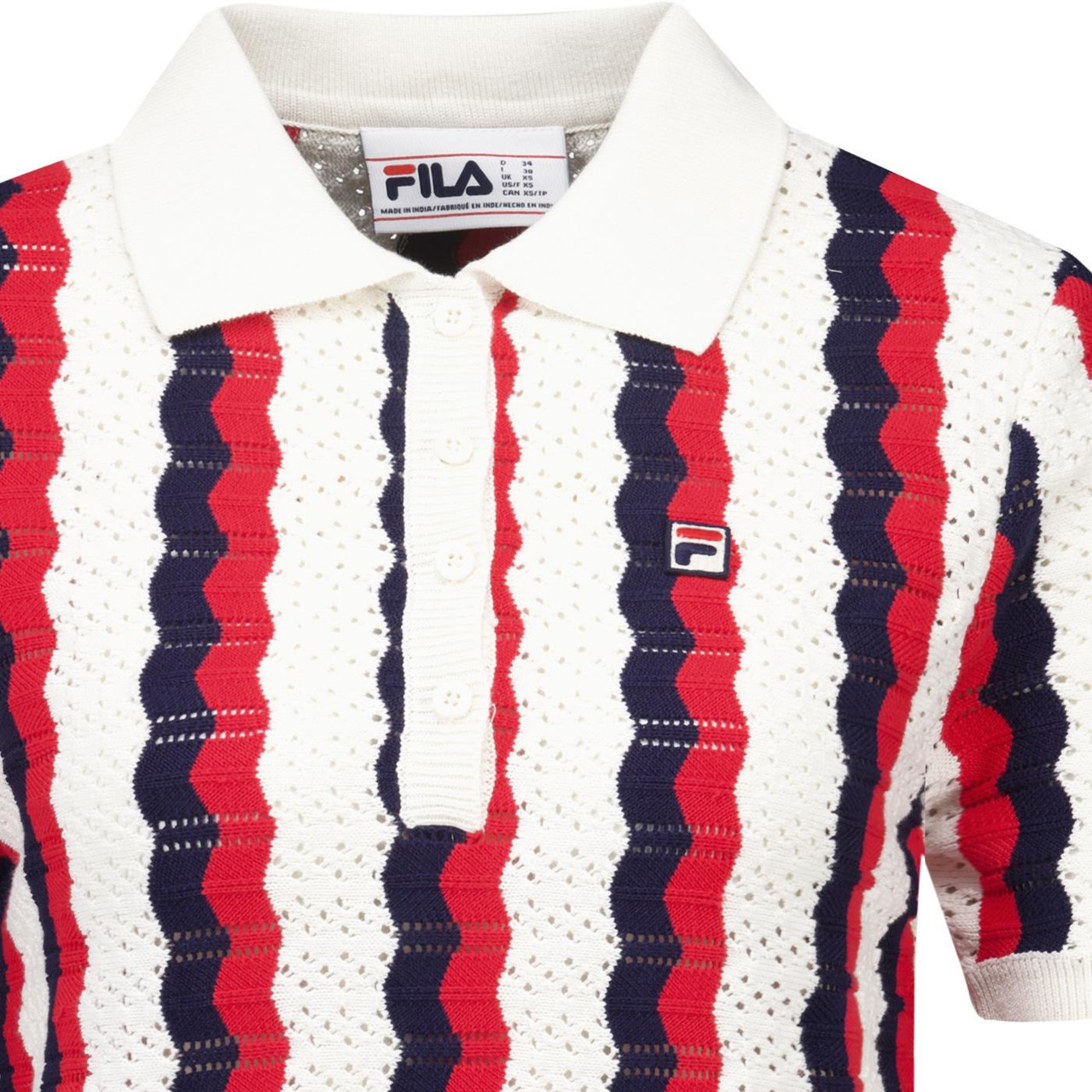 Fila Vintage Porto Crochet Knit Striped Polo Top in Gardenia/Navy/Red