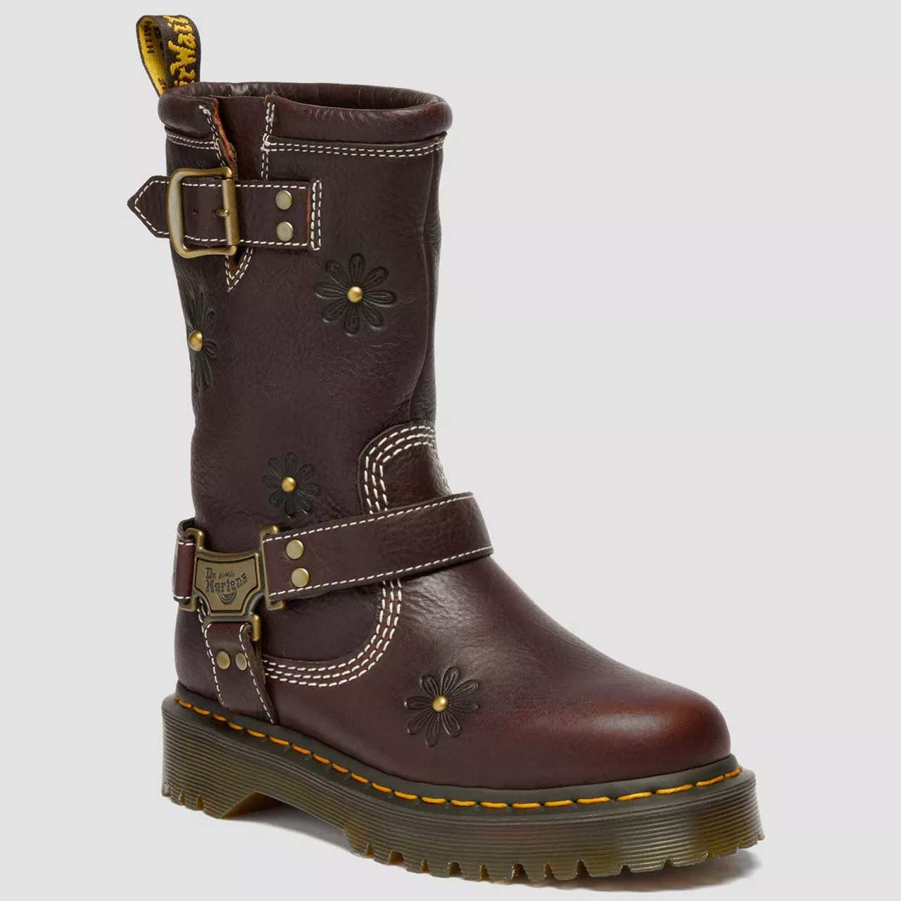 Dr Martens Anistone Hi Flower Leather Biker Boots - Dark Brown