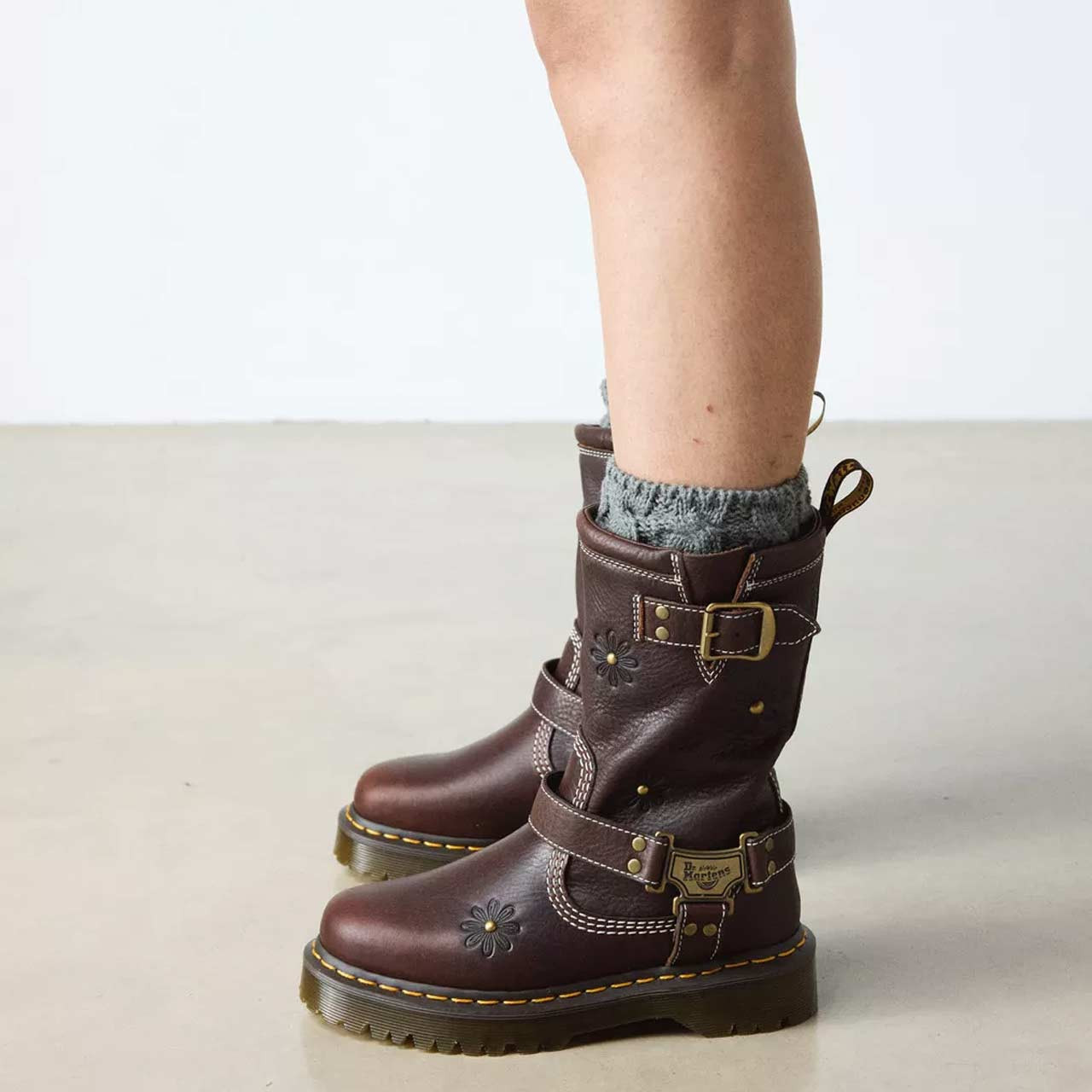 Dr Martens Anistone Hi Flower Leather Biker Boots - Dark Brown