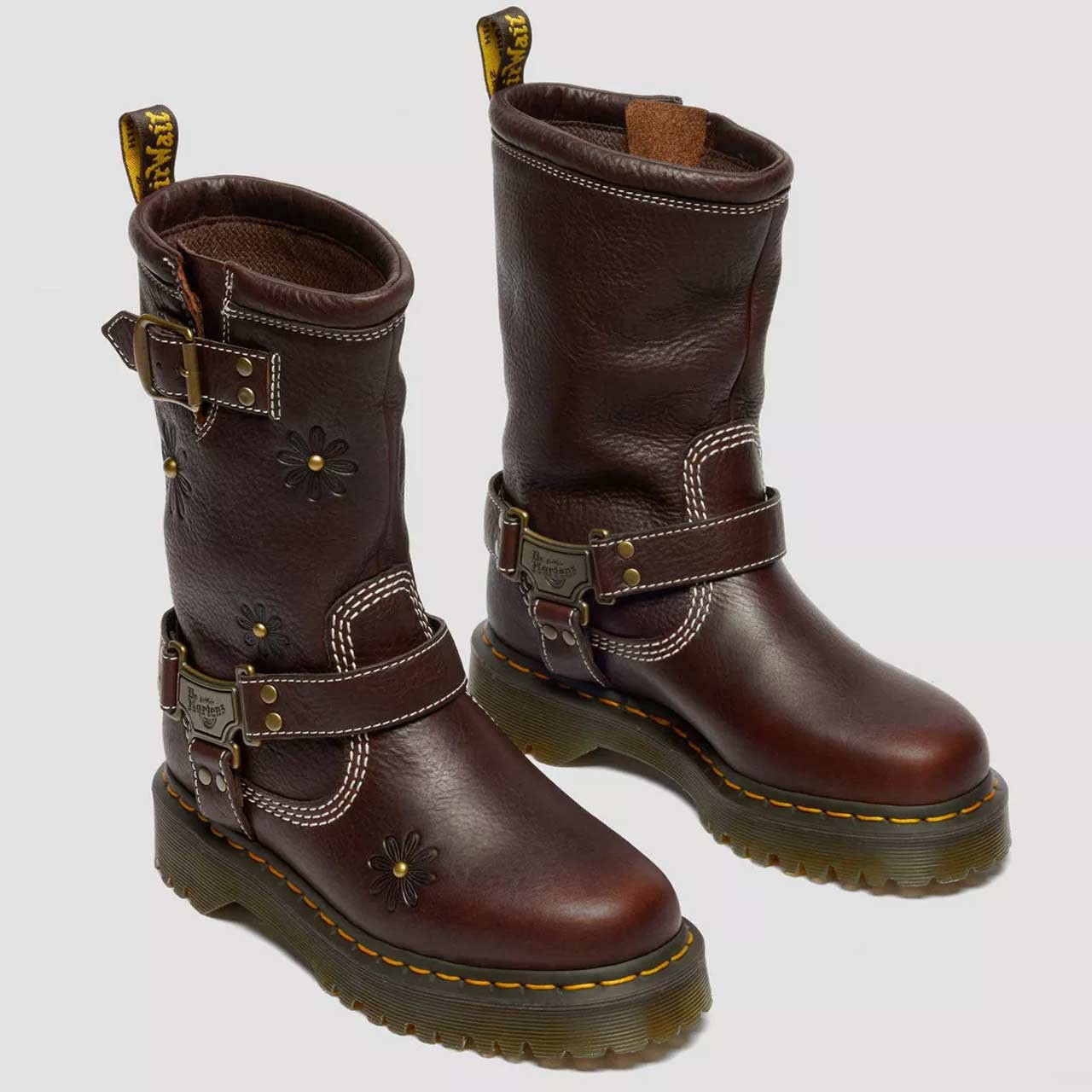 Dr Martens Anistone Hi Flower Leather Biker Boots - Dark Brown
