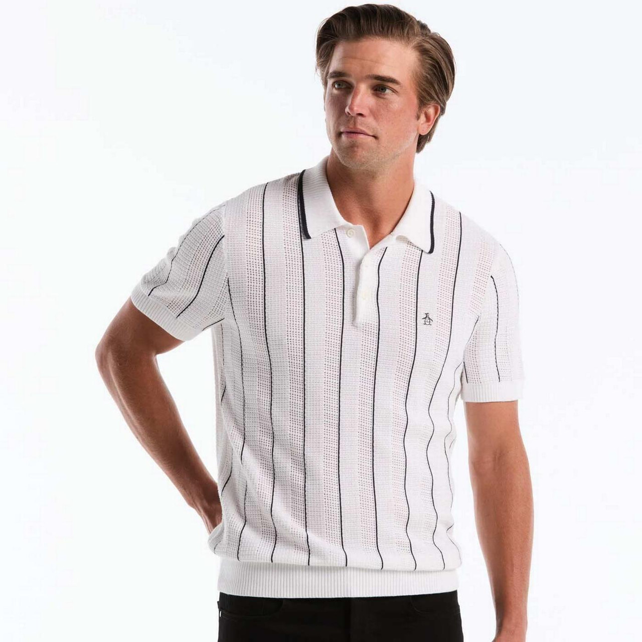 Original Penguin Retro 60s Mesh Knit Polo in Bright White