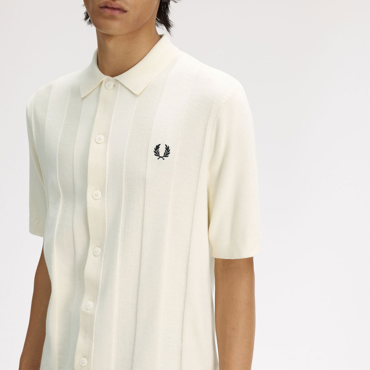 Fred Perry Retro 70s Vertical Tonal Stripe Knitted Shirt in Ecru