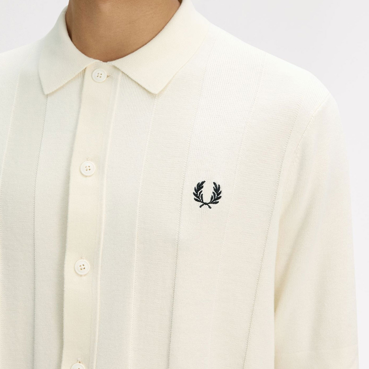 Fred Perry Retro 70s Vertical Tonal Stripe Knitted Shirt in Ecru