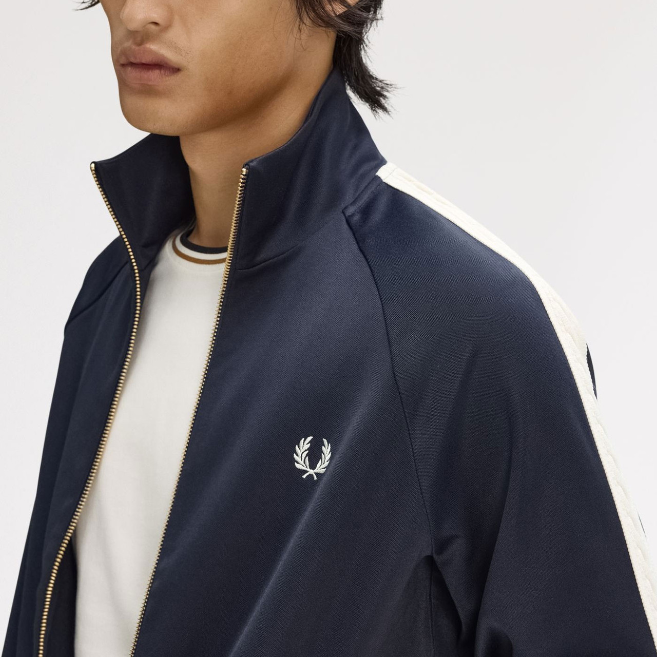 Fred Perry Mens Retro 70s Cable Sleeve Track Jacket in Navy Fred Perry Mens Retro 70s Cable Sleeve Track Jacket in Navy