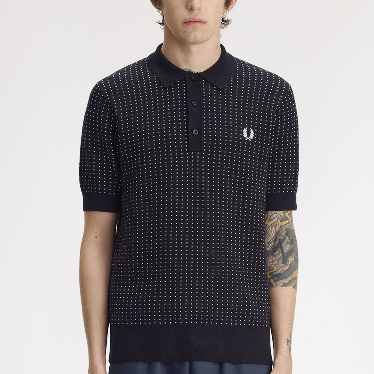 Fred Perry Men's Monochrome Boucle Dot Knitted Polo in Black