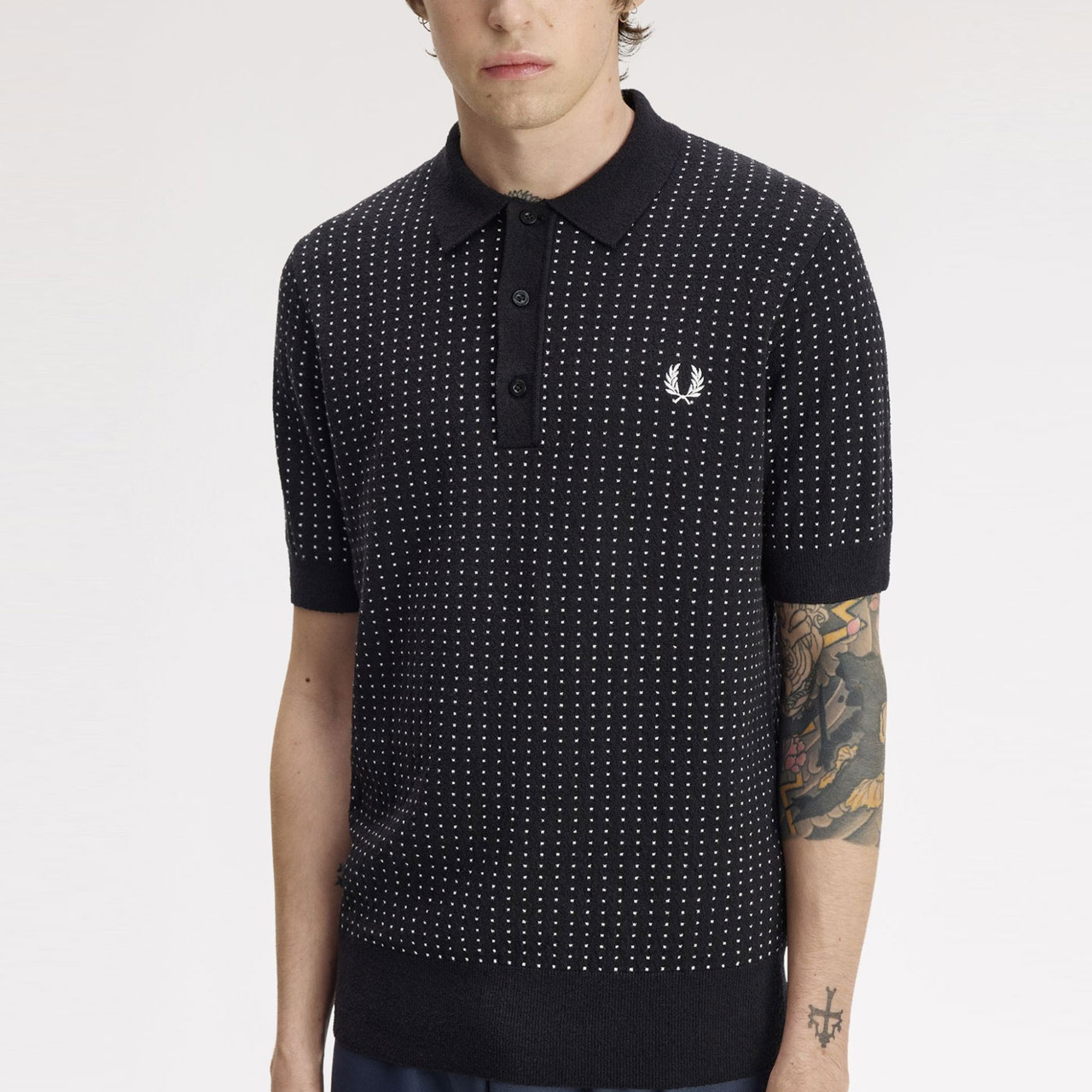 Fred Perry Men's Monochrome Boucle Dot Knitted Polo in Black