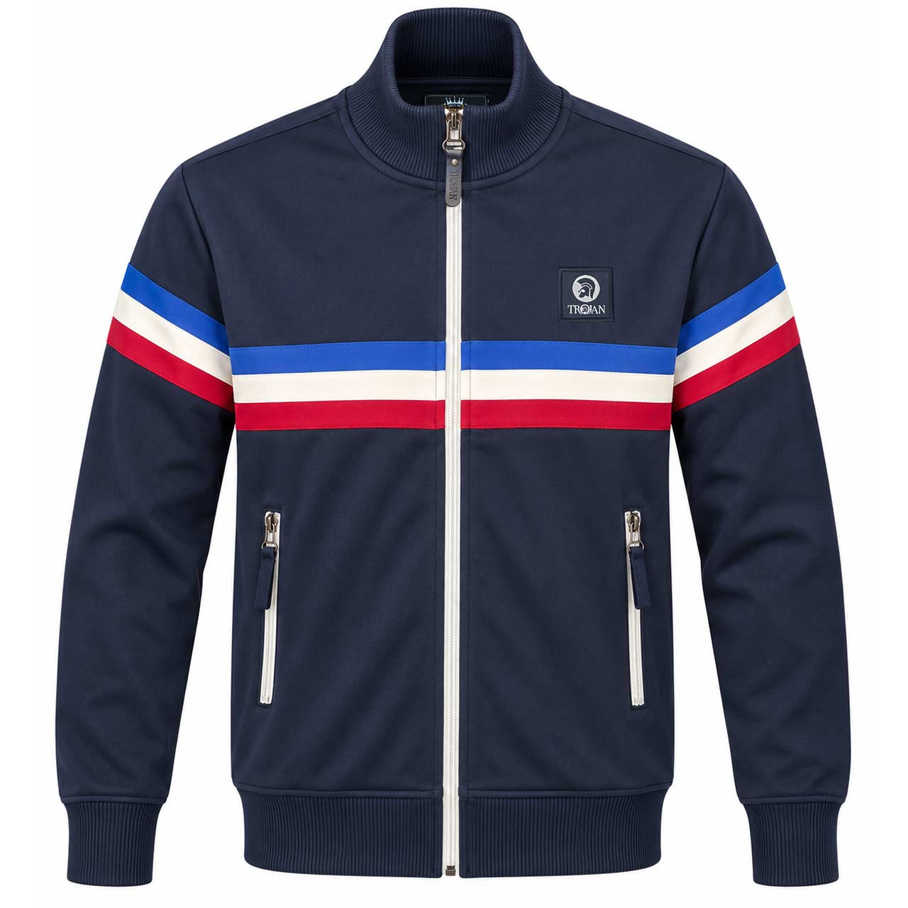Trojan Retro 80s Chest and Sleeve Stripe Track Jacket Navy