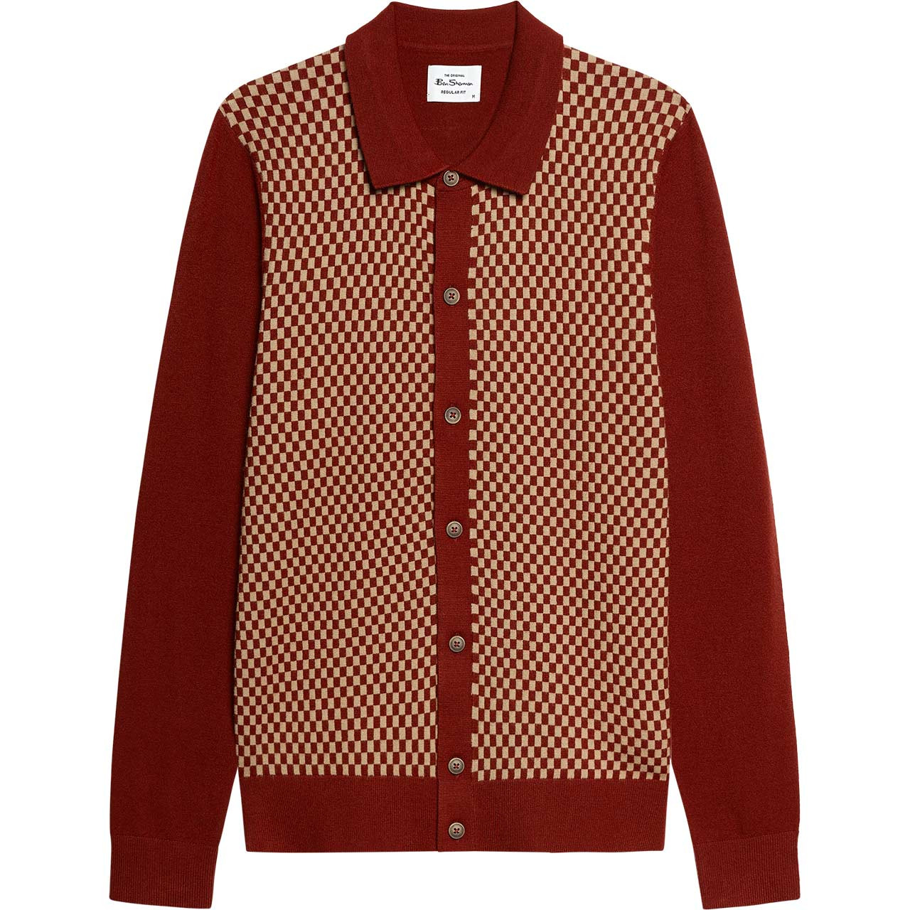 Ben Sherman Contrast Checkerboard Button Through Knitted Shirt Sienna