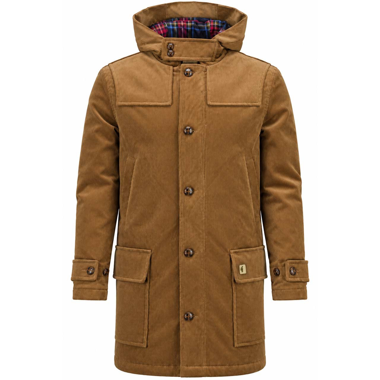 Gabicci Vintage Chuck Jumbo Cord Duffle Coat in Caramel.