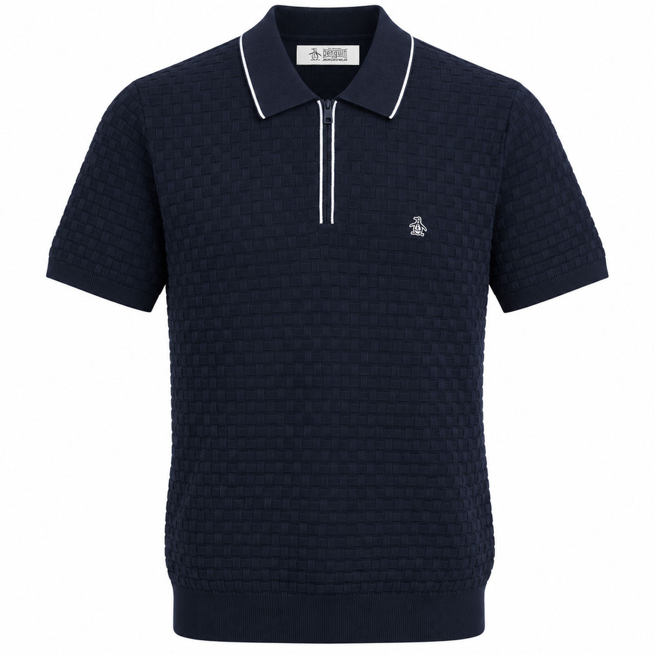 Original Penguin Links Stitch Quarter Zip Knit Polo in Dark Sapphire