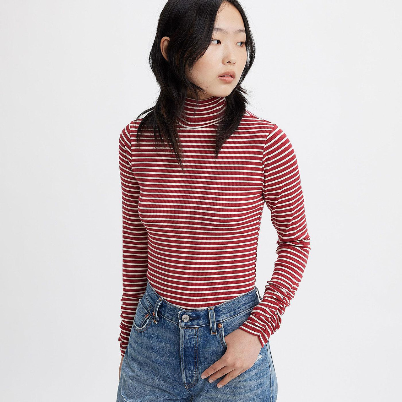 Levi® Women's Ruched Striped Turtleneck Top Syrah