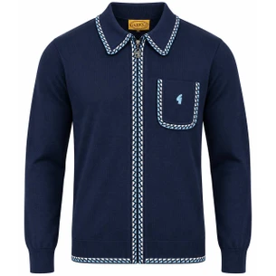 Gabicci Vintage Archive Nick Zip Knit Tipped Polo Cardigan in Black